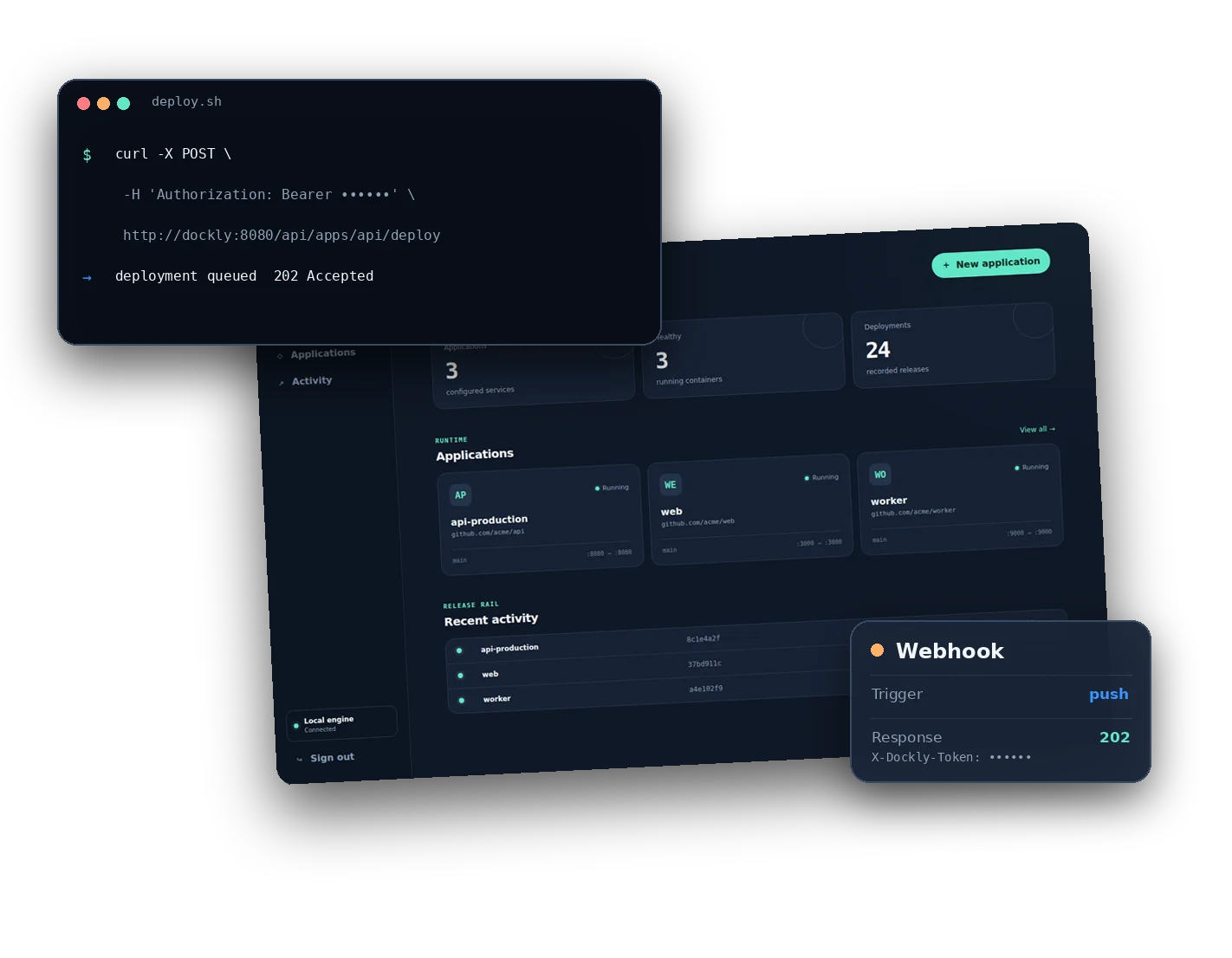 Dockly API deployment request and token-authenticated webhook response
