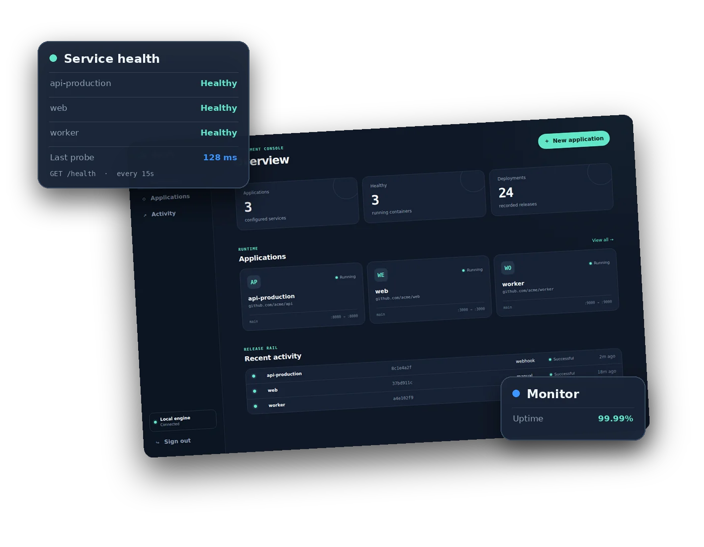 Dockly service health panel showing three healthy applications and uptime monitoring