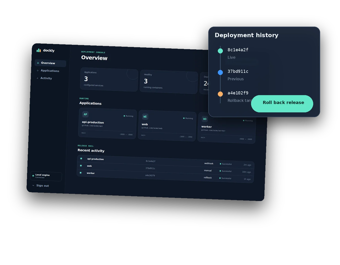 Dockly deployment history with a previous image selected as a rollback target